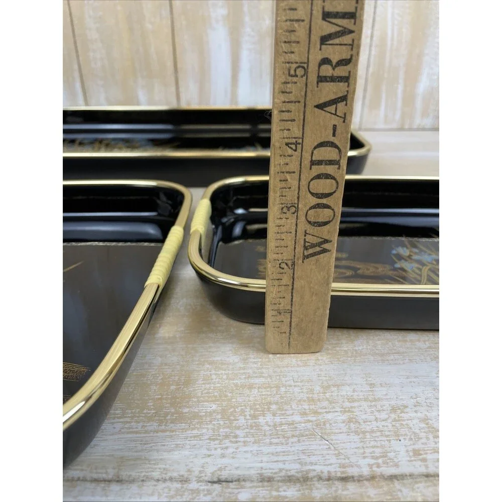Vintage 3 Pc Nesting Serving Tray Set Lacquerware Iris Black & Gold Toyo Japan
